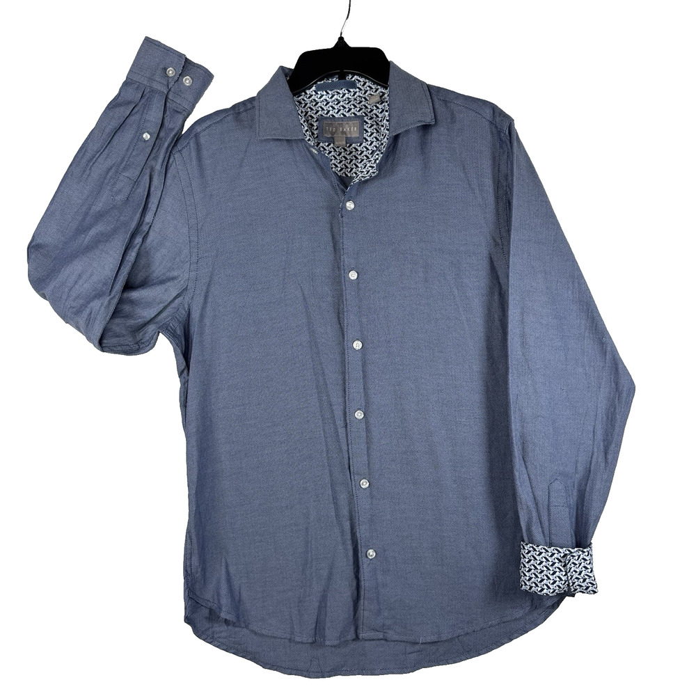 Ted Baker Mens Medium Blue Herringbone Button Down Shirt Long Sleeve Cotton